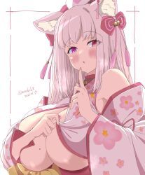  animal_ear_fluff animal_ears artist_name bell blush breasts cat_ears cat_girl cleavage clothes_lift female finger_to_mouth floral_print_kimono hair_bell hair_ornament hair_ribbon highres huge_breasts indie_virtual_youtuber japanese_clothes kichihachi kimono long_hair mole mole_on_breast open_mouth pink_hair ribbon shushing solo tenshouin_himeno virtual_youtuber 