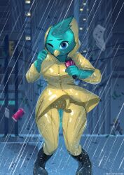  abi_(notgenne) absurd_res anthro avian beak bird blue_eyes bottomwear chickhawk96 clothed clothing coat electronics feathers female green_body green_feathers hi_res hurricane microphone news news_reporter pants raincoat raining reporter solo storm topwear wind 