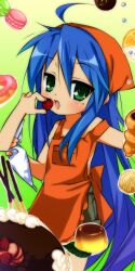  ahoge blue_hair blush cake croissant dot_nose doughnut feeding female food fruit green_background green_eyes green_shorts hair_between_eyes head_scarf highres izumi_konata lemon looking_at_viewer lucky_star mole mole_under_eye open_mouth orange_overalls overalls pudding raised_eyebrows shorts simple_background strawberry strib_und_werde 