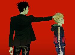  2boys battle_damage black_hair black_jacket black_pants blonde_hair blood blue_pants closed_eyes closed_mouth hanazawa_teruki holding_head jacket japtangtang2 long_sleeves male_focus mob_psycho_100 multiple_boys nosebleed open_mouth pants red_background shimazaki_ryo short_hair simple_background smile spiked_hair 