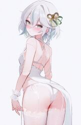  ass ass_focus blush braid cecilia_immergreen commentary doll_joints female garter_straps green_eyes green_hair grey_hair highres hololive hololive_english joints koahri lace lace-trimmed_legwear lace_trim looking_at_viewer looking_back multicolored_hair panties short_hair simple_background solo streaked_hair thighhighs two-tone_hair underwear virtual_youtuber white_background white_garter_straps white_panties white_thighhighs winding_key 