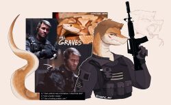  2022 activision alternate_species american_copperhead american_flag anthro assault_rifle black_clothing black_gloves black_handwear black_topwear blue_eyes call_of_duty call_of_duty:_modern_warfare_ii clothing dialogue electronics english_description english_text facial_scar forked_tongue frown fur furrification gloves gun handwear hi_res holding_assault_rifle holding_gun holding_object holding_ranged_weapon holding_weapon male military multicolored_body multicolored_fur multicolored_scales orange_body orange_scales phil_graves pit_viper radio ranged_weapon reptile rifle scales scalie scar scowl sinnple snake solo spoiler tan_body tan_scales teeth text tongue topwear two_tone_body two_tone_scales united_states_of_america viper watermark weapon 