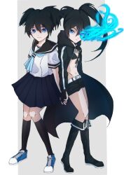  2girls bikini bikini_top_only black_coat black_footwear black_gloves black_hair black_rock_shooter black_rock_shooter_(character) black_shorts blue_eyes blue_fire blue_footwear boots coat fire flaming_eye gloves glowing glowing_eye highres kuroi_mato midriff mnt0626 multiple_girls open_clothes open_coat pleated_skirt scar school_uniform short_twintails shorts skirt swimsuit twintails uneven_twintails 