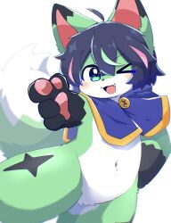  2023 ahoge belly_tuft big_tail black_hair blue_clothing blue_eyes blue_topwear blush blush_lines canid canine clothing countershading crotch_lines crotch_tuft cute_fangs eyebrow_through_hair eyebrows featureless_crotch finger_gun fox fur gesture glistening glistening_eyes gloves_(marking) green_body green_fur green_highlights hair hand_gesture hand_on_hip hi_res highlights_(coloring) kemono leaning leaning_sideways looking_at_viewer mammal markings navel navel_tuft one_eye_closed open_mouth pink_highlights polaris_(polaris_mint) portrait pose production_taiikukan shouka_2810 tail three-quarter_portrait three-quarter_view topwear translucent translucent_hair tuft white_body white_countershading wink 