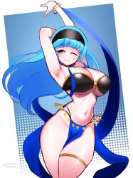  arm_behind_head armpits arms_up bare_hips belly_dancing blue_hair breasts cleavage cowboy_shot curvy dithered_background female fire_emblem fire_emblem:_three_houses fire_emblem_warriors:_three_hopes front-tie_top grin hairband harem_outfit highres jaxdrawz large_breasts light_blush loincloth long_hair looking_to_the_side marianne_von_edmund navel official_alternate_hairstyle one_eye_closed purple_eyes simple_background smile solo thigh_strap underboob wide_hips 