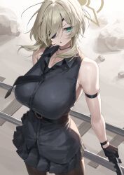  absurdres belt black_belt black_choker black_gloves black_shirt black_skirt blonde_hair blue_archive breasts choker eyepatch female gloves green_eyes hair_over_one_eye halo highres huge_breasts pantyhose railroad_tracks shirt skirt solo suou_(blue_archive) yamanokami_eaka yellow_halo 