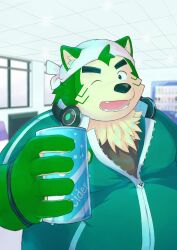  anthro bandana belly beverage canid canine canis canned_drink d6lmf domestic_dog eyebrows fur green_body green_fur hi_res kerchief lifewonders live_a_hero male mammal mokdai one_eye_closed overweight soda solo thick_eyebrows wink 