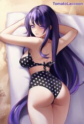  ass back_tattoo bare_shoulders bikini black_bikini breasts commentary cowboy_shot female genshin_impact hashtag-only_commentary high-waist_bikini highres large_breasts long_hair lying polka_dot polka_dot_bikini purple_eyes purple_hair raiden_shogun solo swimsuit tattoo thighs tomatolacoon very_long_hair 