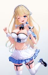  ;d absurdres apron arm_cutout black_bow black_bowtie black_footwear black_panties blonde_hair blue_eyes blue_hair blue_ribbon blush bow bowtie breasts cleavage corset female frilled_apron frilled_cuffs frills gradient_hair hair_ribbon hanazawa_nako heart_o-ring highleg highleg_panties highres holding holding_microphone indie_virtual_youtuber large_breasts long_hair looking_at_viewer maid maid_apron maid_headdress microphone midriff mole mole_on_breast muchi2p multicolored_hair navel official_alternate_eye_color official_alternate_hair_color one_eye_closed panties panty_straps puffy_short_sleeves puffy_sleeves ribbon shirt short_sleeves simple_background skindentation smile solo standing standing_on_one_leg stomach thigh_strap thighhighs thighs unconventional_maid underwear very_long_hair virtual_youtuber waist_apron white_apron white_background white_corset white_shirt white_thighhighs wing_collar wrist_cuffs 