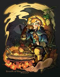  9twoeight absurd_res blonde_hair blush bowl breath_of_the_wild clothing container elf english_text fingerless_gloves food footwear gloves group hair handwear hi_res humanoid humanoid_pointy_ears hylian korok light_body light_skin link male melee_weapon nintendo not_furry plant sheikah_slate sitting smoke sword tablet_computer text the_legend_of_zelda tree weapon 