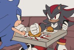  5_fingers annoyed anthro burger cellphone clothing duo electronics eulipotyphlan eye_contact fingers food footwear gloves handwear hedgehog hi_res holding_cellphone holding_object holding_phone looking_at_another male mammal phone roastedgarlics2 sega shadow_the_hedgehog shoes simple_background sitting sonic_the_hedgehog sonic_the_hedgehog_(series) 