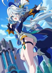  absurdres ahoge arm_up ascot ass asymmetrical_gloves back_bow black_gloves blue_eyes blue_hair blue_hat blue_jacket blue_sky bow day drop-shaped_pupils dutch_angle female flat_ass floating_hair foot_out_of_frame foot_up furina_(genshin_impact) garter_straps genshin_impact gloves hair_between_eyes hair_intakes half_gloves hand_on_own_chest hat heterochromia highres jacket kogooma light_blue_hair long_hair long_sleeves looking_at_viewer mismatched_gloves mismatched_pupils multicolored_hair official_alternate_hairstyle open_mouth outdoors outstretched_arm shoes short_shorts shorts sky smile solo standing standing_on_one_leg symbol-shaped_pupils thigh_strap top_hat twintails twisted_torso two-tone_hair underbutt upshorts very_long_hair white_gloves white_hair white_shorts 