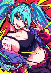  39 armpits bare_shoulders belt black_choker black_panties black_pants black_shirt black_tank_top blue_eyes blue_hair breasts cel_shading choker cleavage commentary down_jacket female fingernails from_above hair_ornament hatsune_miku highres jacket karan_koron100 medium_breasts multicolored_background multicolored_hair navel number_tattoo one_eye_closed open_clothes open_jacket out_of_frame panties pants red_belt shirt shoulder_tattoo small_breasts stomach tank_top tattoo teeth tongue twintails underwear upper_body vocaloid w 