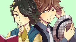  2boys bad_id bad_pixiv_id black_hair blush book brown_eyes brown_hair fedora green_eyes hair_ornament hat hidari_shoutarou holding holding_clothes holding_hat kamen_rider kamen_rider_w male_focus multiple_boys necktie philip_(kamen_rider) simple_background sweatdrop unworn_hat unworn_headwear yukihira 