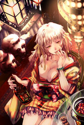  alcohol bracelet breasts cherry cleavage commentary_request female food fruit japanese_clothes jewelry large_breasts off_shoulder okazuwa_shake original partial_commentary photoshop_(medium) pink_hair raccoon solo tongue tongue_out twintails yellow_eyes 