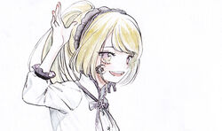  blonde_hair commentary_request female frills hair_up headdress kurosujuu long_hair open_mouth purple_eyes roman_(sound_horizon) smile solo sound_horizon violette_(sound_horizon) waving 