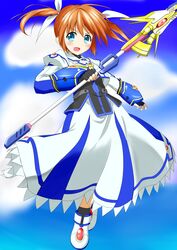  absurdres aqua_eyes blush brown_hair cloud commentary_request dat4147 day dress female fingerless_gloves gloves hair_ribbon highres long_sleeves lyrical_nanoha magical_girl mahou_shoujo_lyrical_nanoha mahou_shoujo_lyrical_nanoha_a&#039;s mahou_shoujo_lyrical_nanoha_the_movie_2nd_a&#039;s open_mouth puffy_sleeves raising_heart raising_heart_(exelion_mode)_(2nd) ribbon short_twintails sky solo takamachi_nanoha takamachi_nanoha_(exelion_mode) twintails 