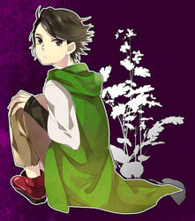  1boy ankle_boots black_hair boots capri_pants commentary_request flipped_hair flower full_body hood hoodie kamen_rider kamen_rider_w legs_folded legs_together long_sleeves looking_at_viewer looking_back male_focus open_mouth pants philip_(kamen_rider) plant purple_background red_footwear silhouette simple_background sitting solo yakisoba14 