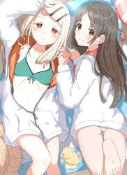  2girls :o absurdres bare_legs barefoot bikini blush breasts brown_hair colored_eyelashes commentary_request crab feet_out_of_frame foot_up front-tie_bikini_top front-tie_top gakuen_idolmaster green_bikini hat highres holding_hands idolmaster jacket kimi_to_semi_blue_(idolmaster) kuramoto_china linea_alba long_hair looking_at_viewer lying mat multiple_girls on_back on_stomach orange_eyes outdoors parted_lips raichita rubber_duck shinosawa_hiro small_breasts smile soles straight_hair straw_hat swimsuit toes two-sided_fabric two-sided_jacket underbutt unworn_hat unworn_headwear very_long_hair white_bikini white_jacket 