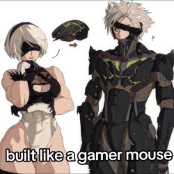  1boy 2b_(nier:automata) ? arm_support armor arrow_(symbol) bare_shoulders black_armor black_blindfold black_gloves blindfold breasts covered_eyes crossover cyborg english_commentary english_text female gloves grey_eyes grey_hair hand_up large_breasts leotard lips looking_at_another metal_gear_(series) metal_gear_rising:_revengeance nier:automata nier_(series) one_eye_covered raiden_(metal_gear) short_hair simple_background smile standing teeth white_background white_leotard yoracrab 