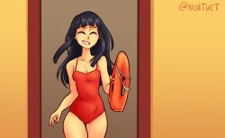  alternate_costume artist_name bare_shoulders black_hair breasts chi-chi_(dragon_ball) closed_eyes cowboy_shot door dragon_ball dragon_ball_z female grin holding long_hair medium_breasts nortuet one-piece_swimsuit red_one-piece_swimsuit smile swimsuit teeth 