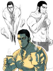  1boy bara beard_stubble black_hair bursting_pectorals buzz_cut collage collared_shirt facial_hair golden_kamuy highres incoming_drink jo_tuesday19 long_sideburns male_focus mature_male muscular muscular_male partially_colored pectoral_cleavage pectorals shirt short_hair sideburns smile steam stubble tanigaki_genjirou thick_eyebrows towel very_short_hair wiping_sweat woodcutter 