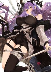  absurdres arknights bare_shoulders black_hairband black_horns black_shirt black_shorts black_thighhighs blush bow_(weapon) breasts commentary_request compound_bow fake_horns feet_up female floating_hair from_below full_body garter_straps hair_between_eyes hairband highres holding holding_behind_back holding_bow_(weapon) holding_weapon horns huge_breasts jacket kajuu long_hair long_sleeves looking_at_viewer off_shoulder open_clothes open_jacket purple_hair red_eyes shirt shorts sidelocks single_thighhigh sleeveless sleeveless_shirt solo thighhighs typhon_(arknights) very_long_hair weapon white_jacket 