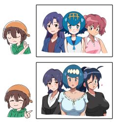  1boy 6+girls artist_self-insert bandana black_eyes black_shirt blazer blue_eyes blue_hair blue_jacket breasts bright_pupils brown_eyes brown_shirt closed_mouth drakeposting_(meme) flat_chest freckles frown green_hoodie hair_between_eyes hairband highres hinata_aki hinata_natsumi hood hoodie idolmaster idolmaster_(classic) jacket keroro_gunsou kisaragi_chigusa kisaragi_chihaya lana&#039;s_mother_(pokemon) lana_(pokemon) large_breasts long_hair looking_at_viewer mature_female medium_bangs meme mother_and_daughter multiple_girls one_eye_closed open_clothes open_jacket open_mouth orange_bandana pince-nez pink_hair pink_shirt pokemon pokemon_sm purple_hair shirt short_hair simple_background sleeveless sleeveless_shirt small_breasts smile sn_(zigzagspark6) sn_(zigzagspark6)_(character) upper_body v-shaped_eyebrows white_background white_pupils white_shirt wrinkled_skin yellow_hairband 