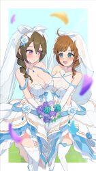  2girls :d absurdres ahoge alternate_hairstyle aqua_flower arm_around_waist assault_lily asymmetrical_docking bare_shoulders blue_bow blue_eyes blue_flower blue_gemstone blue_ribbon blue_rose blue_sky blush border bouquet bow breast_press breasts bridal_gauntlets bridal_veil bride brown_hair bush cleavage closed_mouth clothing_cutout collarbone commentary day dress dress_bow dress_flower drill_hair elbow_gloves eye_contact falling_petals feet_out_of_frame flower footwear_bow futagawa_fumi garter_straps gem gloves green_hair hair_between_eyes hair_flower hair_ornament hairbow halter_dress halterneck high_heels highres holding holding_bouquet jewelry large_breasts layered_dress long_hair looking_at_another multiple_girls outdoors outside_border pendant petals pink_flower pumps purple_eyes purple_flower ribbon rose see-through side_cutout sky sleeveless sleeveless_dress smile sparkle standing stomach_cutout strapless strapless_dress teeth thigh_bow thighhighs ueharu upper_teeth_only veil wedding_dress white_border white_bow white_bridal_gauntlets white_dress white_flower white_gloves white_thighhighs yamanashi_hibari yuri 