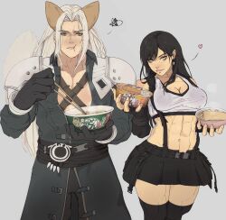  1boy animal_ears belt black_belt black_gloves black_hair black_pants black_skirt black_thighhighs bowl breasts chopsticks cleavage closed_mouth coat collarbone cup_ramen earrings eating english_commentary female final_fantasy final_fantasy_vii fingerless_gloves fingernails food fox_ears fox_tail gloves green_eyes grey_background grey_coat hands_up heart highres holding holding_bowl holding_chopsticks jewelry kemonomimi_mode large_breasts lips long_fingernails long_hair long_sleeves looking_at_viewer midriff miniskirt navel noodles pants sephiroth sidelocks simple_background skirt smile standing suspender_skirt suspenders tail tank_top thighhighs thighs tifa_lockhart v-shaped_eyebrows white_hair white_tank_top yellow_eyes yoracrab 