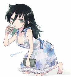  animal_print bag bags_under_eyes barefoot black_hair breasts butterfly_print clutch commentary_request cup dress drink female full_body green_eyes hair_between_eyes highres holding holding_bag holding_cup kneeling kuroki_tomoko long_bangs long_hair looking_at_viewer nuka_(nukamochi) open_mouth print_dress simple_background small_breasts solo sundress twitter_username watashi_ga_motenai_no_wa_dou_kangaetemo_omaera_ga_warui! white_background white_dress 