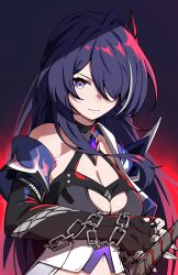  acheron_(honkai:_star_rail) armor black_choker black_shirt blue_background breasts chain_around_arm chains choker cleavage closed_mouth coat commentary criss-cross_halter crop_top drawing_sword ecliygame elbow_gloves female gloves gradient_background hair_ornament hair_over_one_eye halterneck highres holding holding_sword holding_weapon honkai:_star_rail honkai_(series) large_breasts long_hair looking_at_viewer midriff multicolored_hair purple_eyes purple_hair red_background shade shirt shoulder_armor single_bare_shoulder single_elbow_glove solo streaked_hair sword upper_body very_long_hair weapon white_coat 