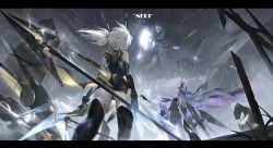  2girls absurdres ass bare_shoulders black_gloves black_panties black_pantyhose black_thighhighs chinese_commentary commentary_request cross_hair_ornament crosscore elbow_gloves english_text flower from_behind from_below gloves grey_hair hair_ornament headgear highres holding holding_polearm holding_weapon long_hair mecha_musume mechanical_wings multiple_girls official_art outdoors panties pantyhose pantyshot polearm rain see-through_wings thighhighs twintails underwear very_long_hair water_drop weapon white_flower white_hair wings zer_z2 