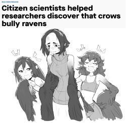  animal_humanoid avian avian_humanoid bird bird_humanoid black_hair bottomwear bullying closed_eyes clothing corvid corvid_humanoid corvus_(genus) corvus_humanoid crop_top crow crow_humanoid emanata english_text facial_markings facial_stripes feathered_wings feathers female flat_chested group hair hand_on_hip head_markings hi_res humanoid larger_female laugh markings midriff monochrome news open_mouth open_smile oscine pants passerine rave raven_humanoid sad shirt simple_background size_difference sleeveless_sweater sleeveless_turtleneck smile source_request sweater text topwear trio turtleneck unknown_artist white_background winged_arms wings 