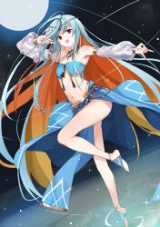  :d \n/ alternate_costume arm_up armpits bare_shoulders blonde_hair blue_hair blue_tube_top colored_inner_hair commentary counter:side dancing ddolggol detached_sleeves double_\n/ dutch_angle female ferroniere full_body full_moon gold_trim gradient_hair groin harem_outfit highres jewelry leg_up light_blue_hair long_hair looking_at_viewer moon mouth_veil multicolored_hair navel neck_ring necklace orange_hair outstretched_arm pelvic_curtain red_eyes see-through see-through_sleeves sigma_(counter:side) sky smile solo sparkle star_(sky) starry_sky stirrup_footwear stomach strapless tassel tiptoes tube_top variant_set veil very_long_hair white_sleeves 