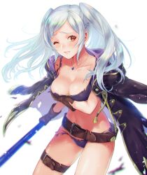  belt bikini black_jacket blush breasts brown_belt brown_eyes brown_gloves cleavage commentary_request female fire_emblem fire_emblem_awakening fire_emblem_heroes gloves holding holding_weapon jacket jacket_on_shoulders jewelry long_hair medium_breasts navel necklace o-ring o-ring_bikini official_alternate_costume one_eye_closed pashiri_(shiripa) purple_bikini robin_(female)_(fire_emblem) robin_(female)_(summer)_(fire_emblem) robin_(fire_emblem) simple_background solo stomach swept_bangs swimsuit torn_bikini torn_clothes twintails weapon white_background white_hair 