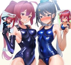  2girls ahoge black_gloves black_one-piece_swimsuit blue_one-piece_swimsuit blush breasts commentary_request covered_navel cowboy_shot dorachan_r elbow_gloves gloves grey_eyes grey_hair grin hair_ornament highres i-168_(kancolle) kantai_collection long_hair manga_(object) medium_breasts multiple_girls nose_blush one-piece_swimsuit ponytail red_eyes red_hair scamp_(kancolle) school_swimsuit shiny_swimsuit side_ponytail small_breasts smile star_(symbol) star_hair_ornament swimsuit x_hair_ornament 