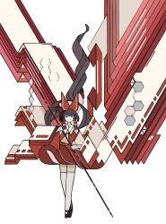  abstract absurdres adapted_costume ascot black_footwear bow brown_hair closed_mouth crossed_ankles female floating_clothes floating_hair gohei hairbow hakurei_reimu harano_kaguyama hexagon highres holding holding_gohei long_hair looking_at_viewer mary_janes red_bow red_skirt red_vest shoes skirt solo standing thighhighs touhou vest white_background white_thighhighs yellow_ascot 