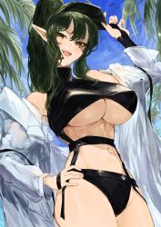  absurdres adjusting_clothes adjusting_headwear arknights bikini black_bikini blue_sky blurry bokeh breasts commentary_request day depth_of_field female gavial_(arknights) green_hair hand_on_own_hip highres kajuu long_sleeves navel off_shoulder open_clothes open_shirt palm_leaf palm_tree pointy_ears shirt sky stomach strap swimsuit tree underboob upper_body visor_cap white_shirt yellow_eyes 