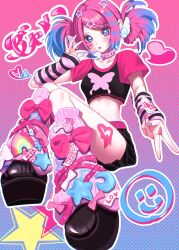  blue_eyes candy crop_top decora female food gyaru heart highres holding holding_candy holding_food holding_lollipop lollipop loose_socks midriff original pink_hair shoes short_twintails shorts siranami_eight sitting smiley_face socks solo star_(symbol) striped_hair twintails v y2k_(fashion) 