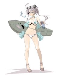  adapted_costume akitsushima_(kancolle) akitsushima_(swimsuit_mode)_(kancolle) bikini bikini_day breasts female full_body grey_eyes grey_hair hat highres kantai_collection medium_breasts mini_hat mismatched_bikini nishikitaitei-chan see-through see-through_shirt shirt side_ponytail simple_background solo standing surfboard swimsuit tada_(tactical_tada) white_background 