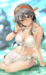  bikini black_hair blurry blurry_background breasts brown_eyes cleavage closed_mouth commission emanon123 female front-tie_bikini_top front-tie_top hair_between_eyes hair_ornament hairclip haruna_(2016_swimsuit_mode)_(kancolle) haruna_(kancolle) haruna_kai_ni_(kancolle) headgear highres holding_seashell kantai_collection large_breasts long_hair looking_at_viewer navel sarong smile solo swimsuit white_bikini white_sarong 