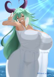  absurdres azura_dulait breasts cloud collarbone dark-skinned_female dark_skin dress eyelashes female goat_girl goat_horns green_hair highres horizontal_pupils horn_ornament horns huge_breasts large_horns long_hair ocean plump see-through_silhouette short_eyebrows sky smile solo sun_glare sundress twitter_username v vallure virtual_youtuber wanwan_0301 white_dress yellow_eyes 