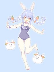  :d alternate_costume animal_ears blue_background blue_hair blush braid breasts carrot_hair_ornament commentary_request female food-themed_hair_ornament full_body hair_between_eyes hair_ornament hololive ishida_aya long_hair looking_at_viewer mixed-language_commentary multicolored_hair one-piece_swimsuit orange_eyes outstretched_arms pekomon_(usada_pekora) rabbit_ears rabbit_girl school_swimsuit short_eyebrows simple_background small_breasts smile solo standing standing_on_one_leg swimsuit thick_eyebrows twin_braids two-tone_hair usada_pekora virtual_youtuber white_hair 