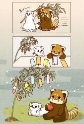  2024 ailurid apple biped black_eyes black_nose brown_body chibi dot_eyes duo eating feral food fruit hi_res kemono mammal mustelid musteline plant red_panda running shi_nominmin stoat tanabata true_musteline weasel white_body written 