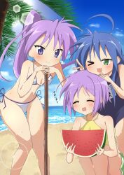  3girls :3 absurdres ahoge beach bikini blue_eyes blue_hair blue_one-piece_swimsuit blue_sky cloud day feet_out_of_frame food fruit green_eyes highres hiiragi_kagami hiiragi_tsukasa horizon izumi_konata lens_flare long_hair lucky_star multiple_girls ocean one-piece_swimsuit one_eye_closed outdoors ponytail purple_eyes rmwt7525 school_swimsuit side-tie_bikini_bottom sky swimsuit v watermelon white_bikini yellow_bikini 