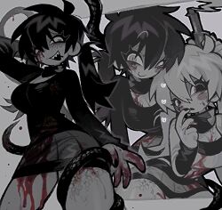  2girls :o absurdres black_hair blood blood_on_face blood_on_hands blood_on_leg blush breasts cleavage_cutout clothing_cutout colored_skin cowboy_shot dark_konoha furrowed_brow genderswap_(mtf) grey_skin gun hair_between_eyes heart highres kagerou_project konoha_(kagerou_project) large_breasts limited_palette long_sleeves looking_at_viewer looking_down miniskirt multiple_girls multiple_views pink_eyes raised_eyebrows rule_63 scales sharp_teeth skirt smile snake_tail sweater tail teeth thick_eyelashes tonkatsu184 twintails weapon white_hair 