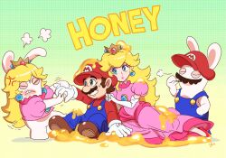  2boys 2girls agua_mp anger_vein blonde_hair commentary_request crown dress facial_hair gloves hands_on_another&#039;s_shoulders hat highres honey mario mario_(series) mario_+_rabbids_kingdom_battle mini_crown moustache multiple_boys multiple_girls overalls pink_dress princess_peach pulling rabbid_mario rabbid_peach raving_rabbids stuck white_gloves 