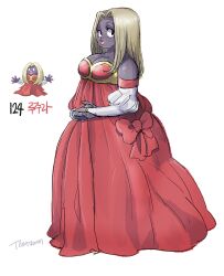  :o belly blonde_hair bow breasts commentary creature_and_personification curvy dark_skin dress fat female highres jynx large_breasts long_hair looking_back own_hands_together personification photoshop_(medium) plump pokemon pokemon_(creature) princess_dress red_bow red_dress tamtamdi translated 