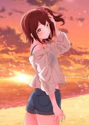  absurdres beach black_bra blush bra bra_visible_through_clothes brown_hair denim denim_shorts female hand_on_own_head highres idolmaster idolmaster_million_live! kasuga_mirai light_smile looking_at_viewer looking_to_the_side off-shoulder_shirt off_shoulder one_side_up outdoors raby_vivid shirt shorts solo sunset underwear white_shirt yellow_eyes 